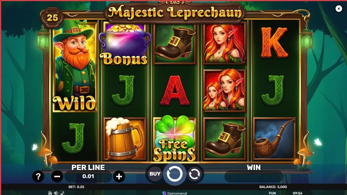 Tampilan visual slot Majestic Leprechaun dengan latar belakang pemandangan hijau Irlandia dan simbol-simbol keberuntungan.